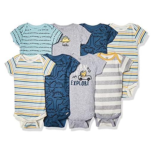 Gerber Baby Boy's 8-Pack Short Sleeve Onesies Bodysuits, Dinosaur Blue, 3-6 Months