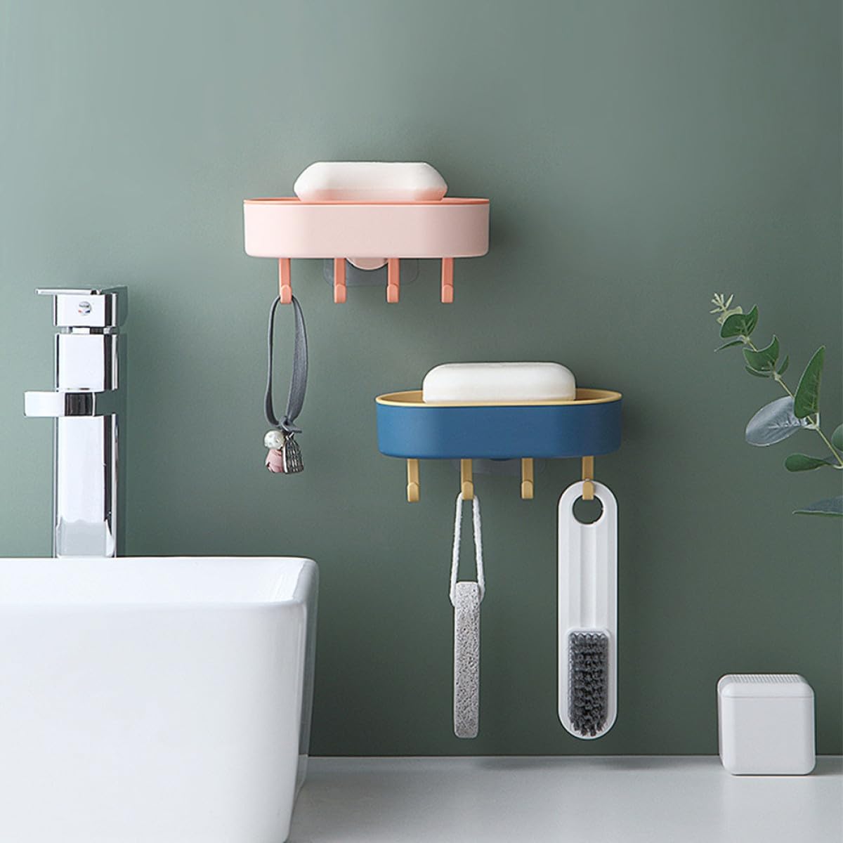 SECFOU 4pcs Adhesive Plastic Soap Holder with Hooks Draining Shower Soap Dish Rack Set for Bathroom Wall Mount Storage Organizer
