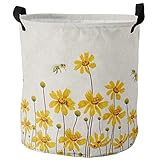 Laundry Hamper,Foldable Laundry Basket Spring Yellow Daisy Flowers Bee Retro Canvas Fabric Storage O