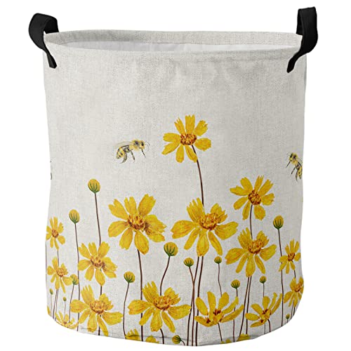 Laundry Hamper,Foldable Laundry Basket Spring Yellow Daisy Flowers Bee Retro Canvas Fabric Storage Organizer With Handles For Dirty Clothes,Home Storage #TOP5