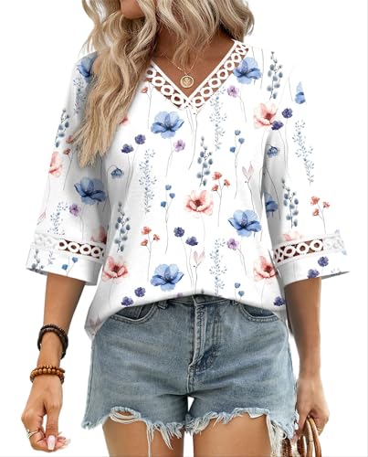Image of WIHOLL Womens Tops Eyelet Lace V Neck 3 /4 Bell Sleeve Blouses Dressy Casual Work Shirt 2026 Summer Fall Fashion Clothing