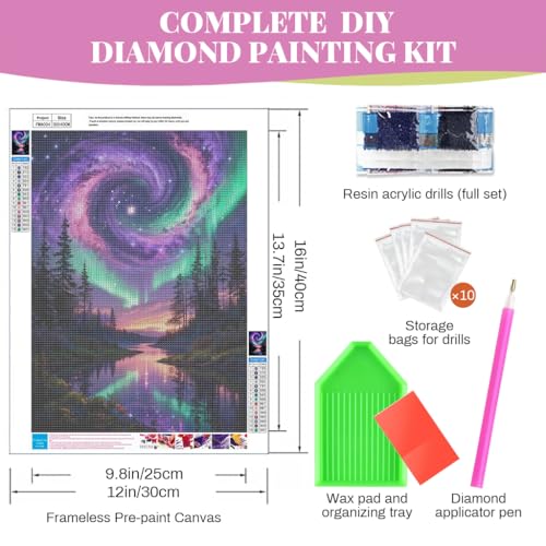 Image of HASTHIP Aurora Galaxy Landscape DIY Diamond Painting Kit, Full Drill Northern Lights Forest Lake Art Set with Pre-Printed Canvas & Tools, Relaxing Stress Relief Craft Home Wall Decor Gift 40x30cm
