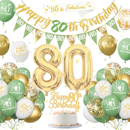 80th Birthday Decorations for Women Men Sage Green Gold Birthday Decoration with Banners Balloons Cake Topper Sash Triangle Flag for 80th Party Decor