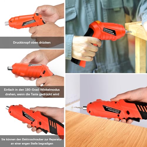 Akkuschrauber Klein - 3,6V Mini Elektrischer Schraubendreher mit Akku, 90° klappbar Electric Screwdriver Set mit 47tlg Zubehör, 2-Drehrichtung, LED Licht, Koffer, USB-Ladekabel – Bild 6