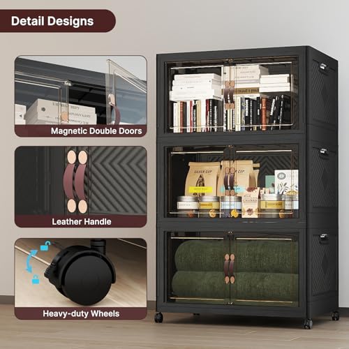 Image of UAMFURI Stackable Storage Bins with Lids, 540QT Lockable Storage Cabinet | Folding Storage Box with Doors and Wheels, Collapsible Plastic Drawers for Home, Garage, Office