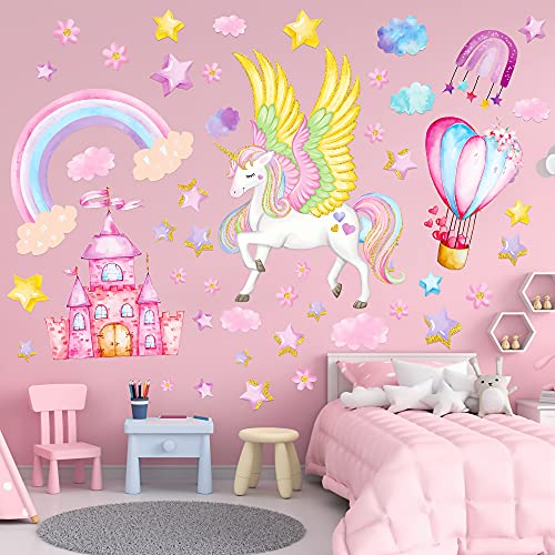 Large Unicorn Wall Decals for Bedroom Unicorn Wall Stickers Decor with Rainbow Balloon Birthday Christmas Gifts for Girls Kids Bedroom Decor Nursery Party FavorUpdated Version