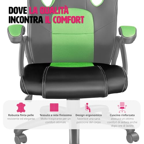 ® Sedia da Ufficio Ergonomica, Sedia Scrivania con Rotazione 360°, Imbottitura Confortevole, Rivestimento Similpelle, Poltrona Gaming con Altezza Regolabile, 5 Rotelle Doppie - Nero/Verde - Sedia gaming - Immagine 6