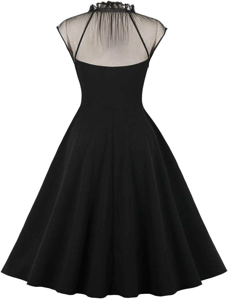 Women High Neck Sheer Mesh See Through Corset Dress Keyhole Sleeveless Patchwork A Line Flared Party Dress Goth Black Cocktail Dress for Women Wedding Guest Short Bridesmaid Dress Black-Sweetheart XL - Image 3