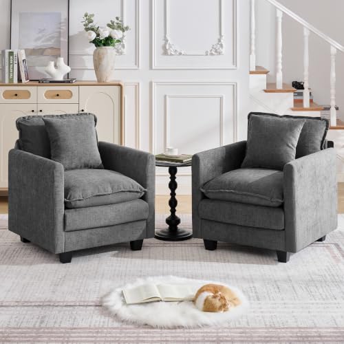 Image of Cloud 2 Pieces Sofa Set, Single Couch Set of 2 with Throw Pillow, Modern 1 Seater Reading Chair with Deep Seat, Accent Chairs for Living Room, Bedroom, Small Apartment, Dark Grey