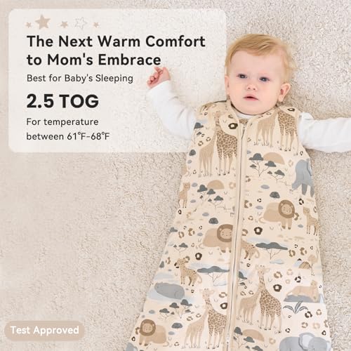 Image of Baby Sleep Sack 6-12 Months TOG 2.5 Winter Baby Wearable Blanket, 100% Cotton Toddler Sleeping Sack with 2-Way Zipper Warm Soft Apricot Zebra
