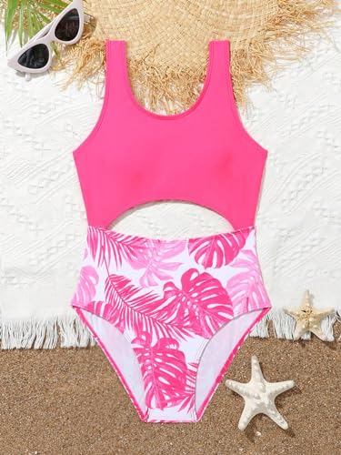 Image of WDIRARA Girl's Cut Out Swimwear Tropical Print One Piece Bathing Suit Beach Sport Swimsuits Pink 9Y
