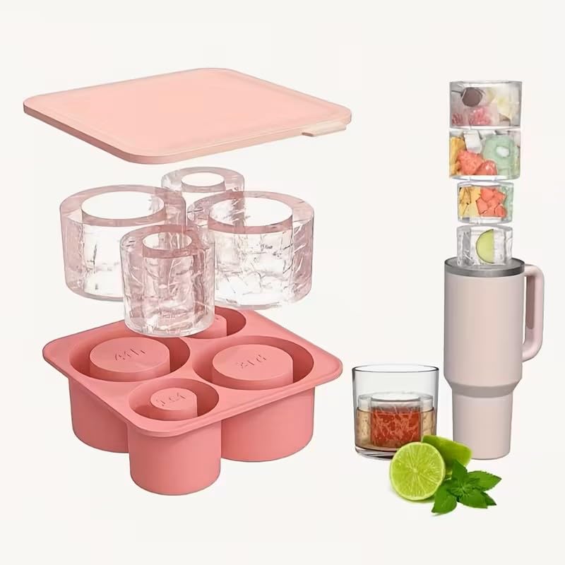 Yenigeldi Pembe Quencher Silikon Kapaklı Buzluk, Silindir Buz Kalıbı 4 Gözlü Stanly 20oz 30oz 40oz Bardak Uyumlu