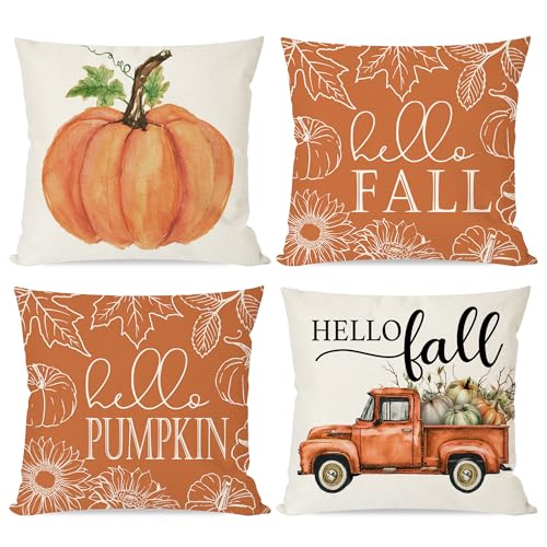 PANDICORN Hello Fall Pumpkin Throw Pillow Covers 18x18 Truck Maple Leaves Orange Outdoor Farmhouse Country Cottage Autumn Decorations Decorative Throw Pillows Cases Set of 4 for Home Couch Porch Decor