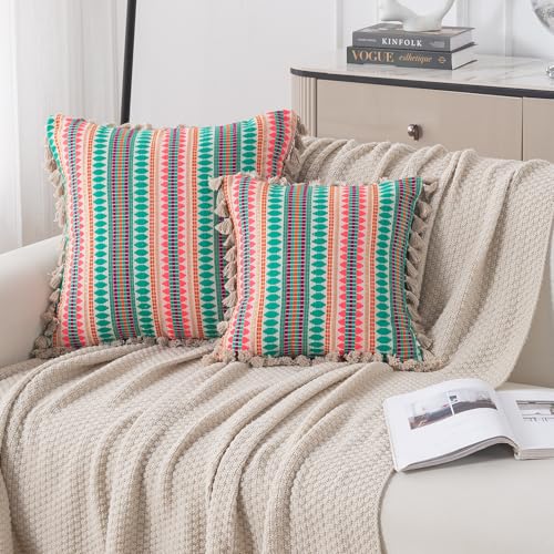 Image of HOKIPO 'Artisan Boho Series' 450 GSM Cushion Cover with Tassels | Cotton Acrylic Jacquard | 16x16 Inch (40x40 cm) | Pack of 2, Mint Green (IN-905-A7*2)