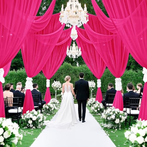 Image of FOTSHARER Ceiling Drapes for Weddings Hot Pink 5x30FT 2 Panels Fuchsia Chiffon Arch Draping Chiffon Fabric Sheer Curtains for Backdrop Tulle Ceiling Drapery for Bridal Shower Wedding Reception Decor