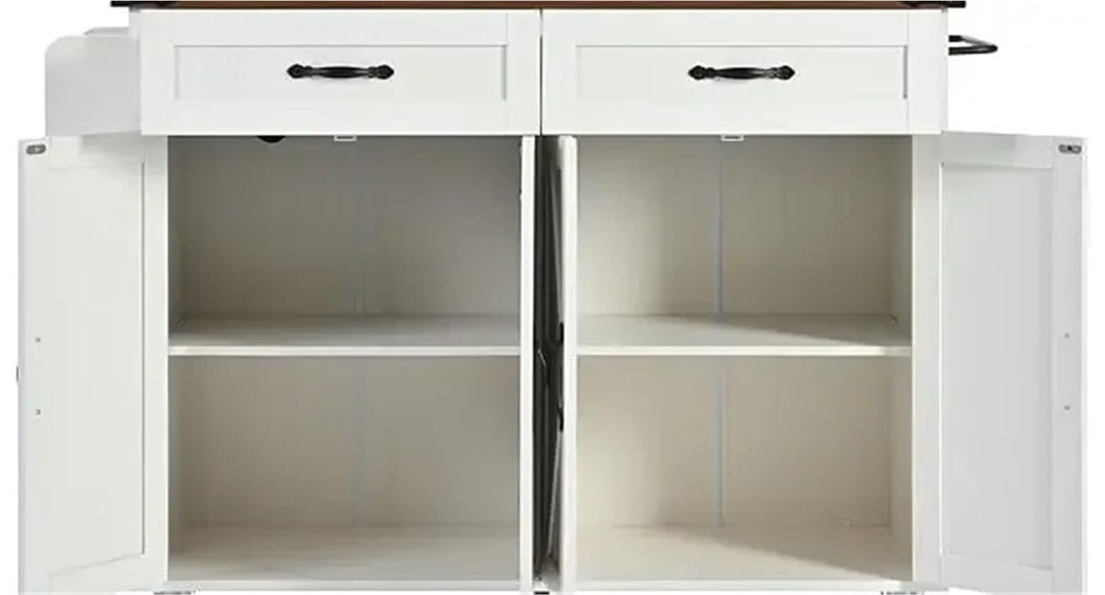 Carrello da cucina a isola con presa di corrente e foglia a goccia stile fattoria, carrello di servizio (bianco)