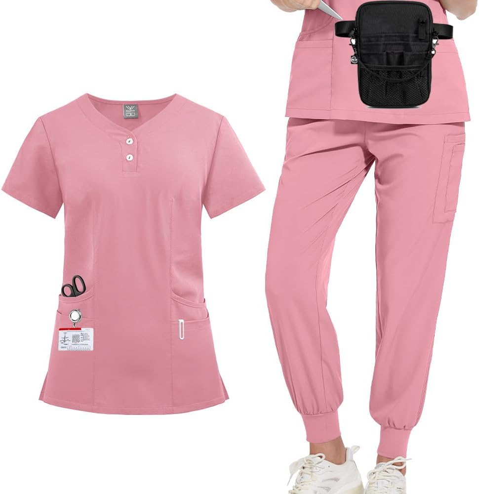 Short Sleeve Women's Nurse Overalls with Bag: Premium Split Set Workwear Uniform