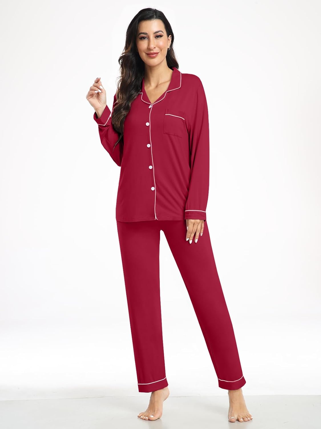 Womens Modal Button Up Pajamas 2 Piece Long Sleeve Comfy Pjs Sleepwear Soft Pajama Lounge Set Loungewear S-3XL - Image 2