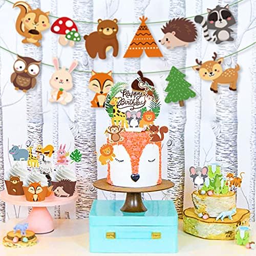 DPKOW 37pcs Animal Birthday Cake Toppers Decorations, Zoo Animal Birthday Cupcake Toppers for Safari Jungle Theme Birthday Decorations, Happy Birthday Cake Toppers for Kids Boy Girl 1st 2nd 3rd 4th