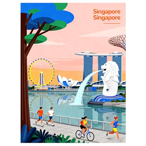 JZHYOAN Singapore City Travel Posters Wall Art Kit Landscape Scenery Diamond Art Fountain Painting Round Full Drill Park Artwork Gem Arts and Craft Merlion Cross Stitch 30x40cm Wall Decor