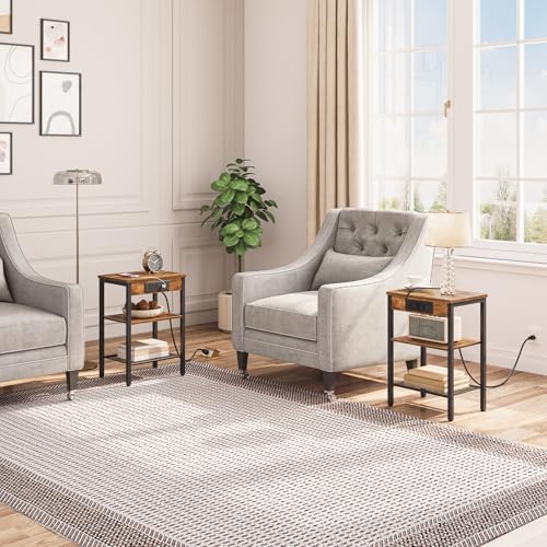 HOOBRO Side Table with Charging Station and USB Port, Small End Table for Small Space, 3-Tier Nightstand with Adjustable Shelf, for Living Room, Bedroom and Balcony, Rustic Brown BF112BZ01