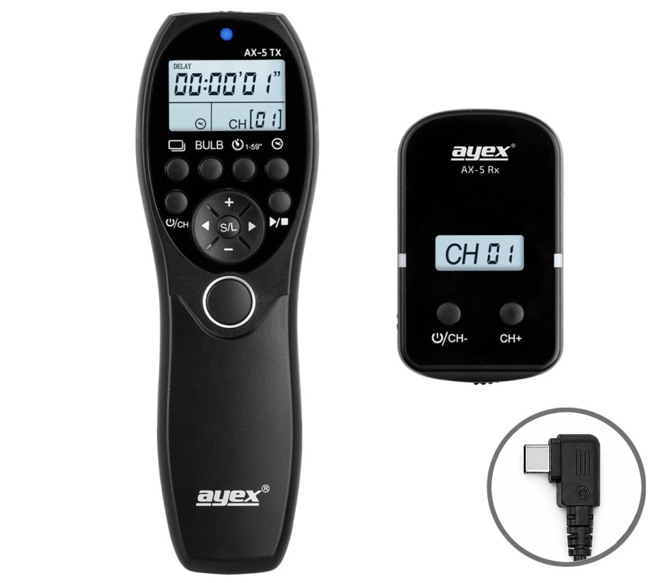 ayex AX-5 Timer zdalny wyzwalacz radiowy kompatybilny z Sony USB-C A7C II A7C R A7 V A6700 interwałowy timer Bulb Delay 2,4 GHz zasięg 100 m LCD 32 kanały