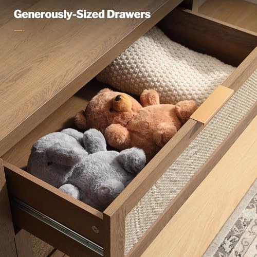 Image of SICOTAS Rattan Dresser for Bedroom, 57 inch Wide 6 Drawer Dresser with Ample Storage, Dressers Large Chest of Drawers, Closet, Boho TV Stand for Bedroom (Reclaimed Caramel Oak, 1 Piece)