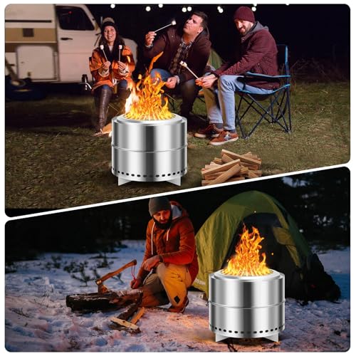 Smokeless Firepit, 19.5 Inch Stainless Steel Outdoor Portable Fire Pit with Removable Ash Pan and Carry Bag, Wood Burning Firepits for Outside with Stand, Ideal for 4-6 People, Silver