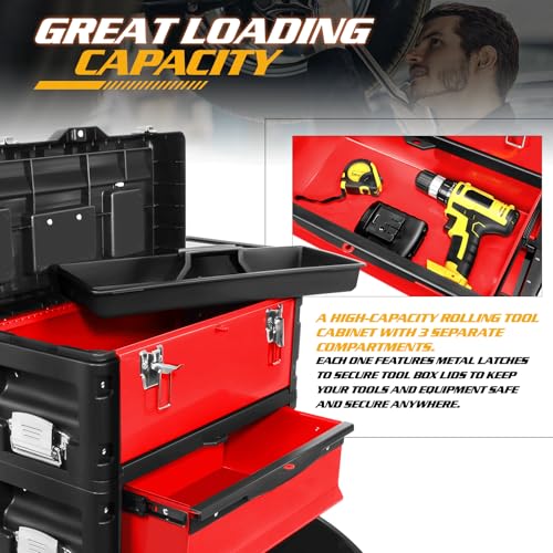 Image of Magshion Heavy-Duty Rolling Tool Box, 3-Tier Stackable Tool Chest System with Wheels & Drawers, Modular Organizer for Small Parts and Tools, Mobile Garage Workshop Storage in Black /Red