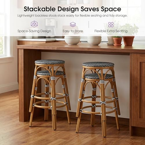 Image of PURPLE LEAF Outdoor French Round 30 inch Bar Stool Set of 2 Oversized Rattan Armless Barstools Bamboo Finish Aluminum Frame Footrest with Handwoven Wicker for Indoor Patio Yard Bistro Black