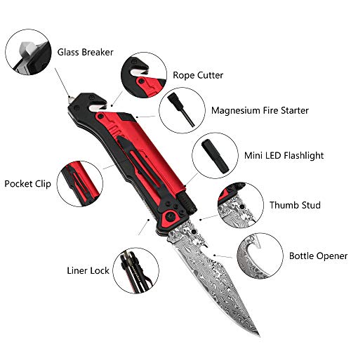 Image of ALBATROSS 6-in-1 Modern Damascus Steel Folding Pocket Knives with LED Light,Seatbelt Cutter,Glass Breaker,Magnesium Fire Starter,Bottle Opener;Multi-Function Emergency Tool(Red-DA)