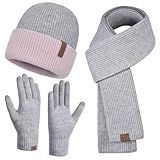 Women Hat Scarf Gloves Set Winter Warm Slouchy Beanie Touchscreen Glove Knit Knitted Scarves Cold Weather Grey Gray Warmer Thick Thermal Cap