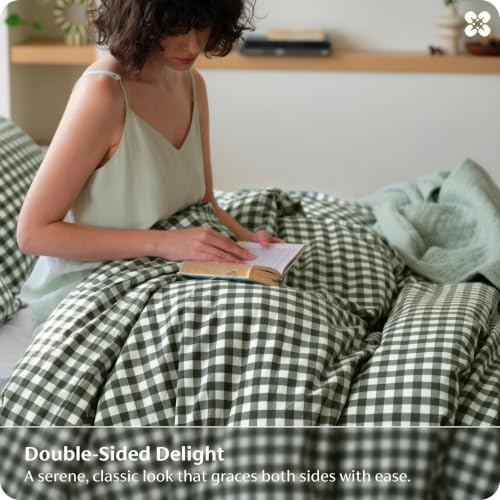 Image of Nayoroom Olive Green Gingham Duvet Cover Queen Plaid Checkered Dorm Bedding
