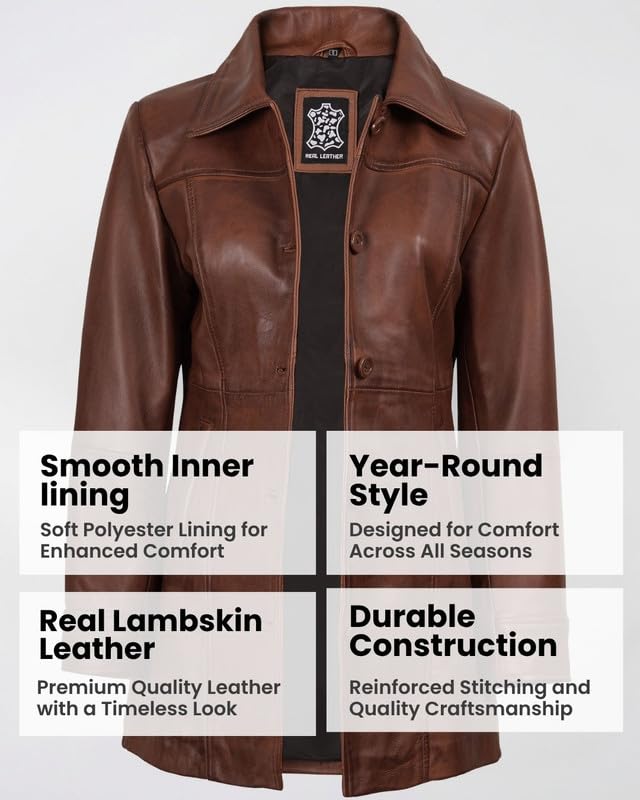 Image of Blingsoul Women's Lambskin Leather Car Coat - Vintage Real Long Leather Jacket for Women