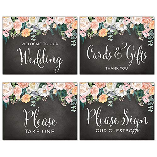 Andaz Press Unframed Wedding Party Signs, 8.5x11-inch, Peach Chalkboard Floral Garden Party, Welcome to Our Wedding, Cards and Gifts, Please Take One Favors, Please Sign Guestbook, 4-Pack