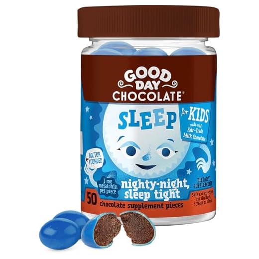 Good Day Chocolate Natural Melatonin for Kids, Sleep Aid Supplement, 1mg Melatonin, Fair Trade and Non-GMO Milk Chocolate, Chamomile, 50 Pieces