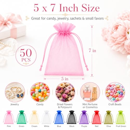 Image of 50PCS Organza Bags 5x7'' - Muticolor Small Sachet Jewelry Gift Favor Bags Drawstring Mesh Bags Gifts Valentines Wedding Eid Mubarak Halloween Eve Christmas New Year Party Candy Fruit Wrap Bulk
