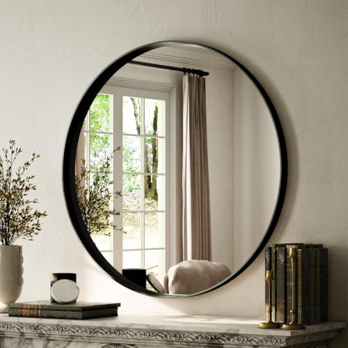 VooBang Round Bathroom Mirror 30 inch, Black Gorgeous Deep Frame Wall Mirror, Modern Round Bathroom Vanity Mirror for Bedroom, Living Room, Hanging or Leaning, Black