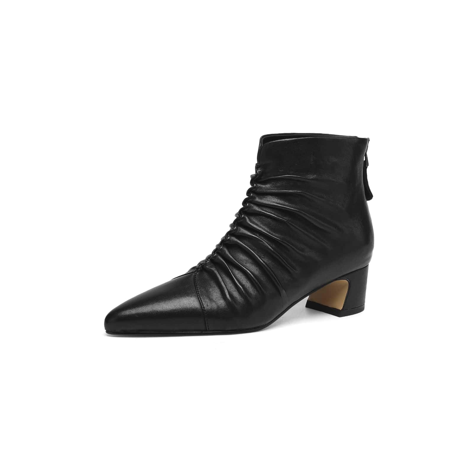 TinaCus Womens Ruched Boots Handmade Genuine Leather Pointed Toe Elastic Back Zipper Low Stacked Heel Ankle Booties