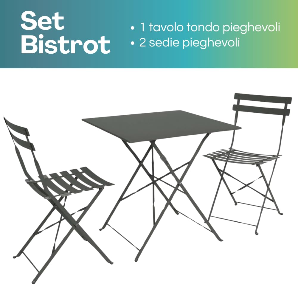 PALUPLUS Set da Bistrot 3 Pezzi, Tavolo Pieghevole QUADRATO 60x60x71 cm, 2 Sedie in Metallo 41x46x80 cm, Ideale per Balcone e Giardino, Design Elegante e Salvaspazio -7124F-15,8 (Grigio Antracite)