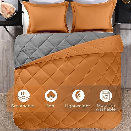 Image of downluxe Queen Comforter Set - Burnt Orange and Grey Queen Comforter, Soft Bedding Sets for All Seasons -3 Pieces - 1 Comforter (88 inchx92 inch) and 2 Pillow Shams(20 inchx26 inch)