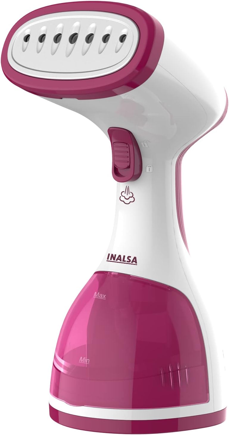 - INALSA Garment Steamer for Clothes/fabric, Steam Iron -Vertical & Horizontal Steaming up to 20g/min, Travel Iron, 1200 Watt, 260 ml Water tank & 20 sec Fast Heating,1 Yr warranty,White/Pink (Steamax)