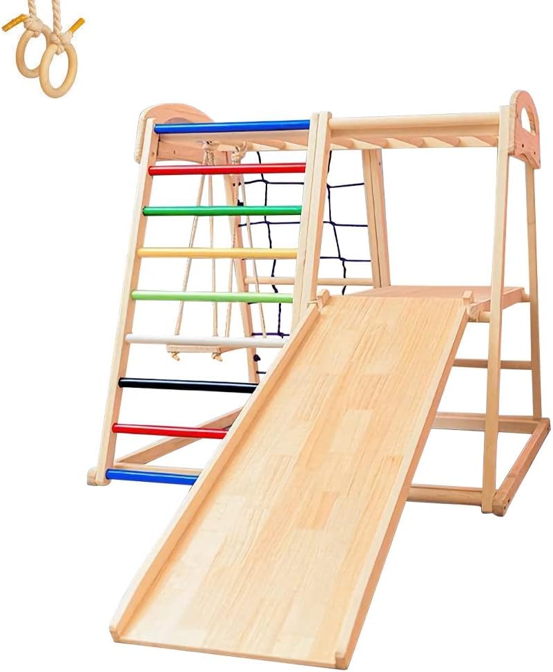 COOLBABY 6 in 1 Solid Wood Climbing Frame.Children's Indoor Wooden Rock Climbing Slide and Swing Combination.Suitable For Children Under 7 Years Old