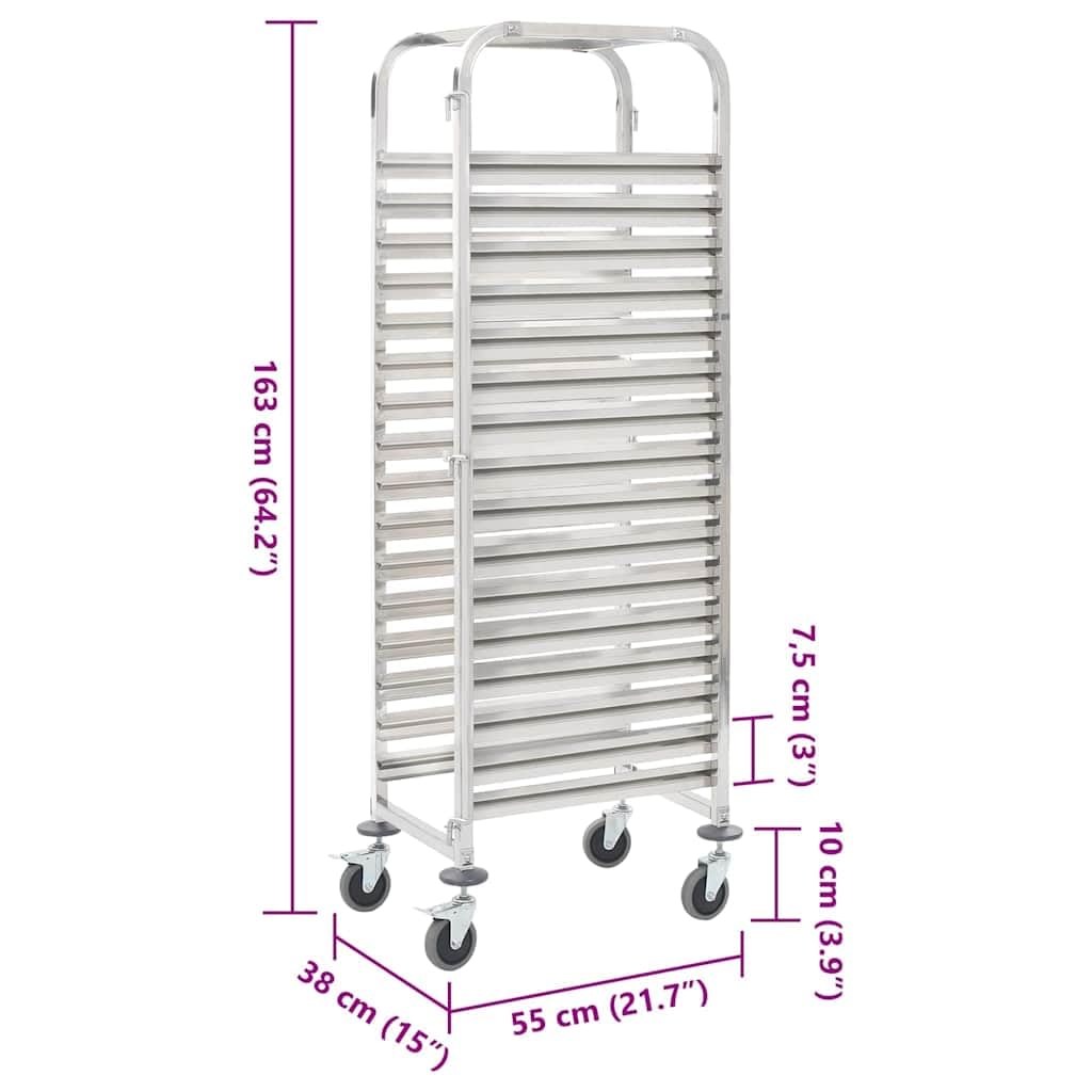 Carro de acero inoxidable para 16 bandejas de 38 x 55 x 163 cm con 4 ruedas de marcha suave, dos frenos, carro de servir y estantería para cocina, comedor, espacio de almacenamiento y