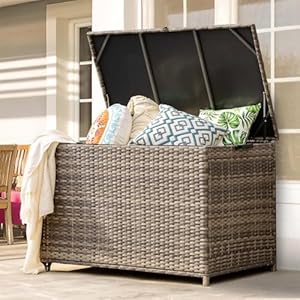 178 Gallon Outdoor Storage Box Patio Deck Box with 2 Wheels Handle Large Portable Wicker Rattan Deck Box for Patio Furniture Cushions Throw Pillows Garden Tools and Pool Floats Gray