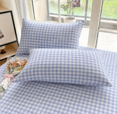 Image of VOMZER Queen Size (60x78) 300 TC Soft Cotton Feel Microfiber All Around Elastic Fitted Double Bedsheet with 2 Pillow Covers | Lavender Check