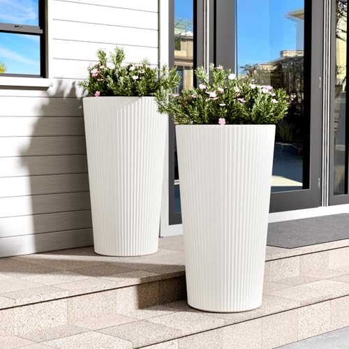 FONTOI 23.6' Tall Planter for Outdoor Plants Set of 2 Large Outdoor Plastic Striped Flower Pots...