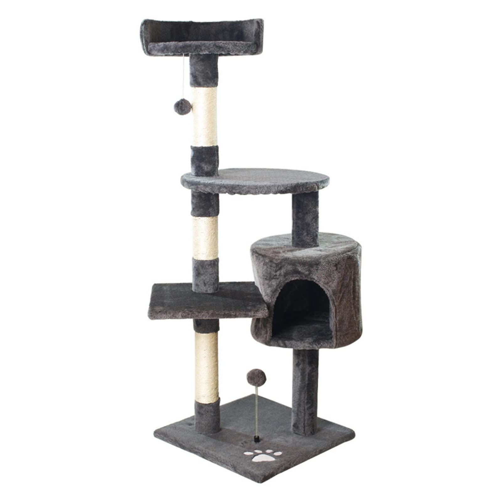 Arbre à chat design gris avec litière intégrée et étagère