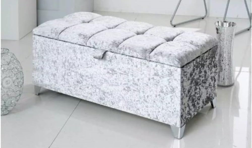 mm08enn Large and Medium Size Ottoman Storage Toy Box in Plush Fabric and Cushed Velvet with Chrome Feet (Silver Plush Fabric, Large Size Ottoman)