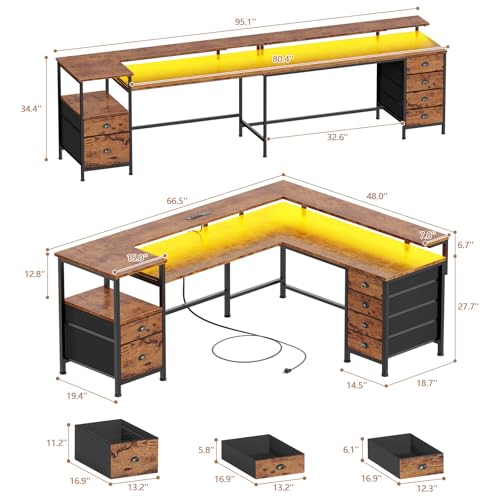 Image of Furologee 66 inch Reversible L Shaped Gaming Desk with 6 Drawers & Printer Storage Shelves, Corner Computer Desk with Power Outlets & LED Lights, Home Office Table with Monitor Stand, Rustic Brown
